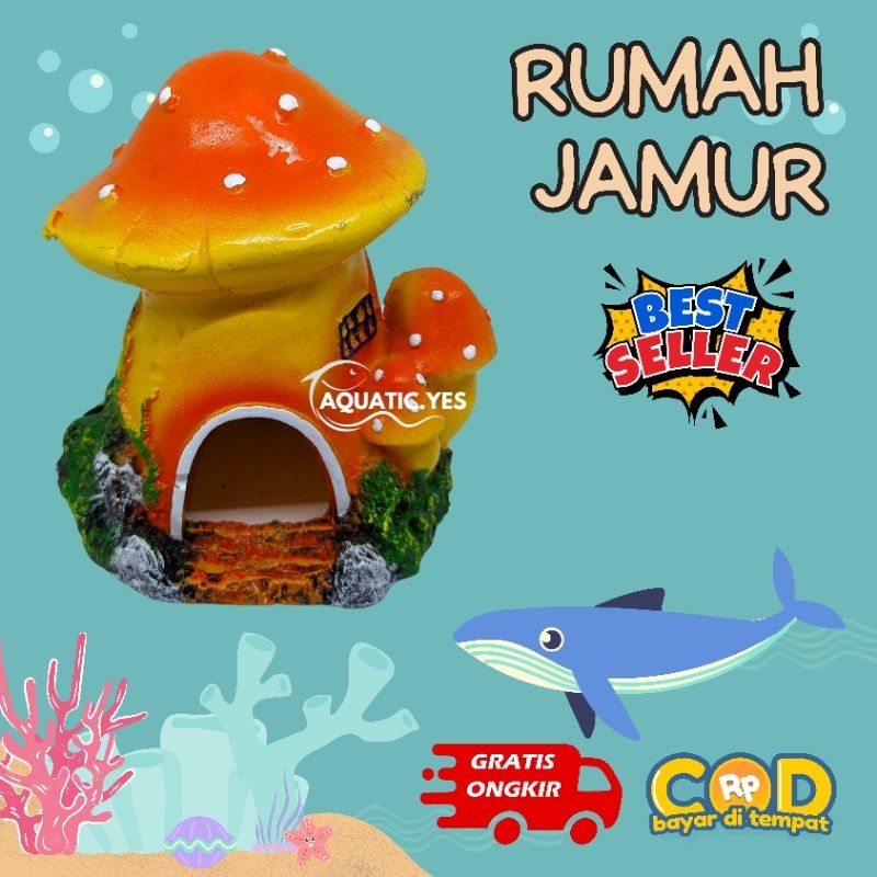 hiasan aquarium jamur kecil, ornamen aquarium jamur kecil, hiasan aquarium resin