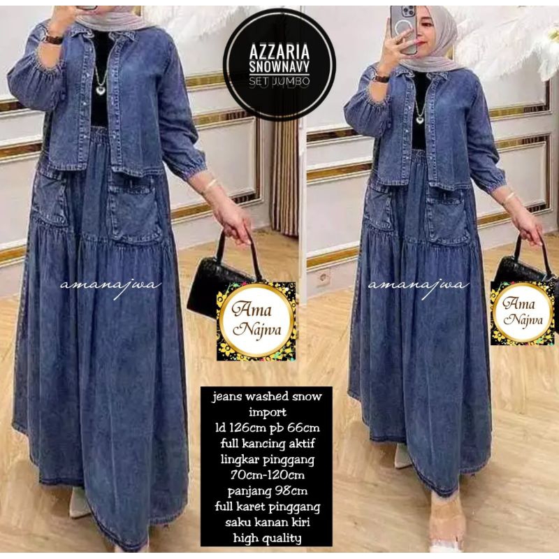 Setelan Wanita Jeans Azaria Snowblue | Setelan Rok Jeans Jumbo