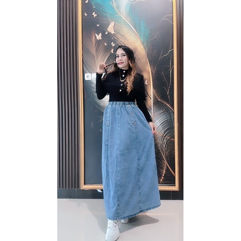 rok payung kancing rok jeans panjang payung