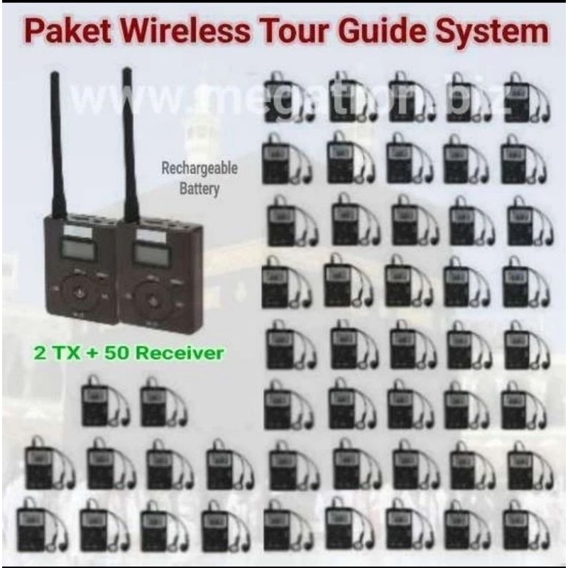 Paket Wireless Tour Guide System (2 Transmitter + 50 Receiver) - rechargeable battery - Coock buat Umroh