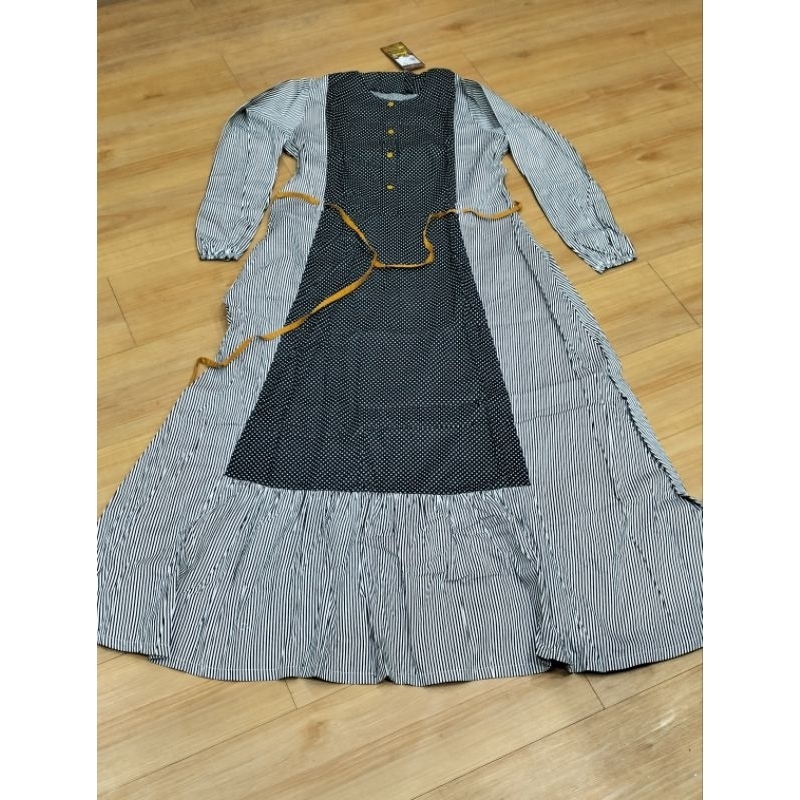 abaya dewasa dannis,UK.L,motif salur,polka hitam,promo