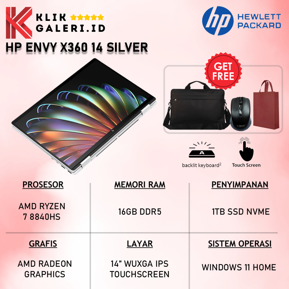 Laptop HP Envy X360 14 AMD Ryzen 7 8840HS RAM 16GB 1TB SSD Layar 14 Inch WUXGA IPS Touchscreen 2024