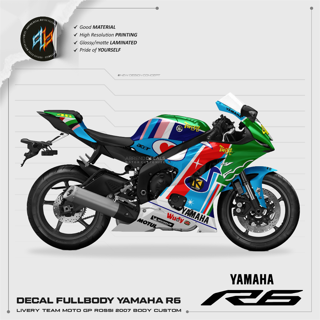 DECAL FULLBODY YAMAHA R6 BODY CUSTOM / STIKER MOTOR R6 FULLWRAP LIVERY GP ROSSI 2007 46