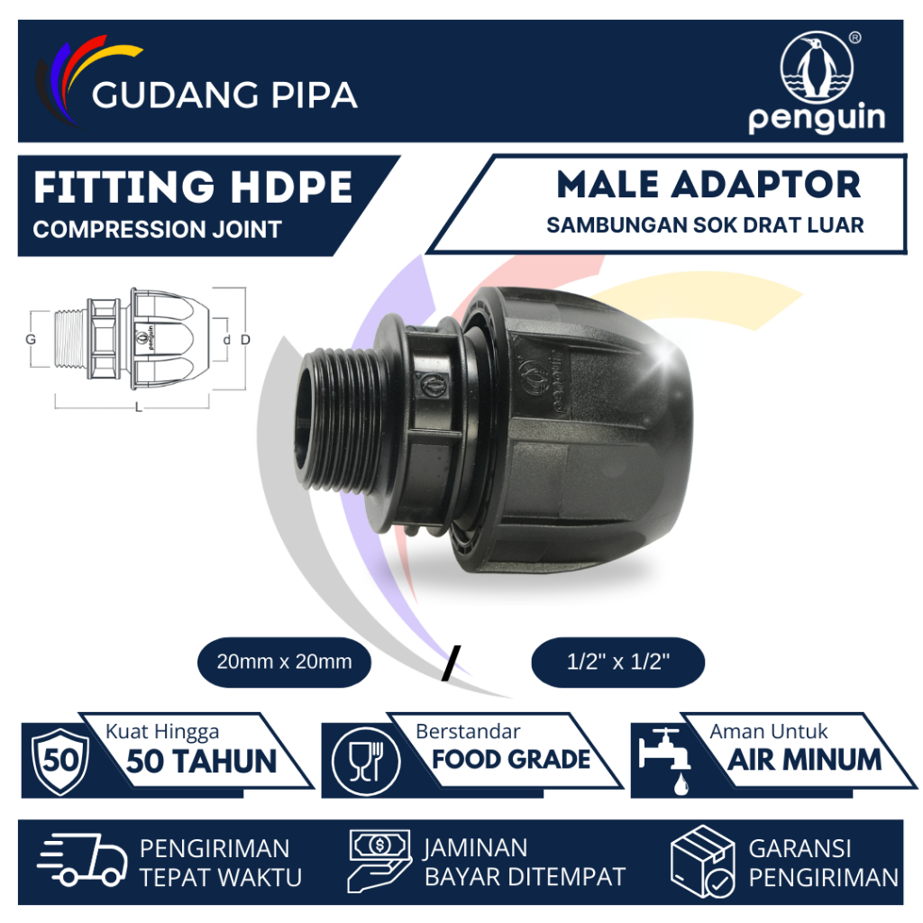 Sambungan pipa HDPE Male Thread Adaptor 20mmx1/2" ~ 1/2" Compression