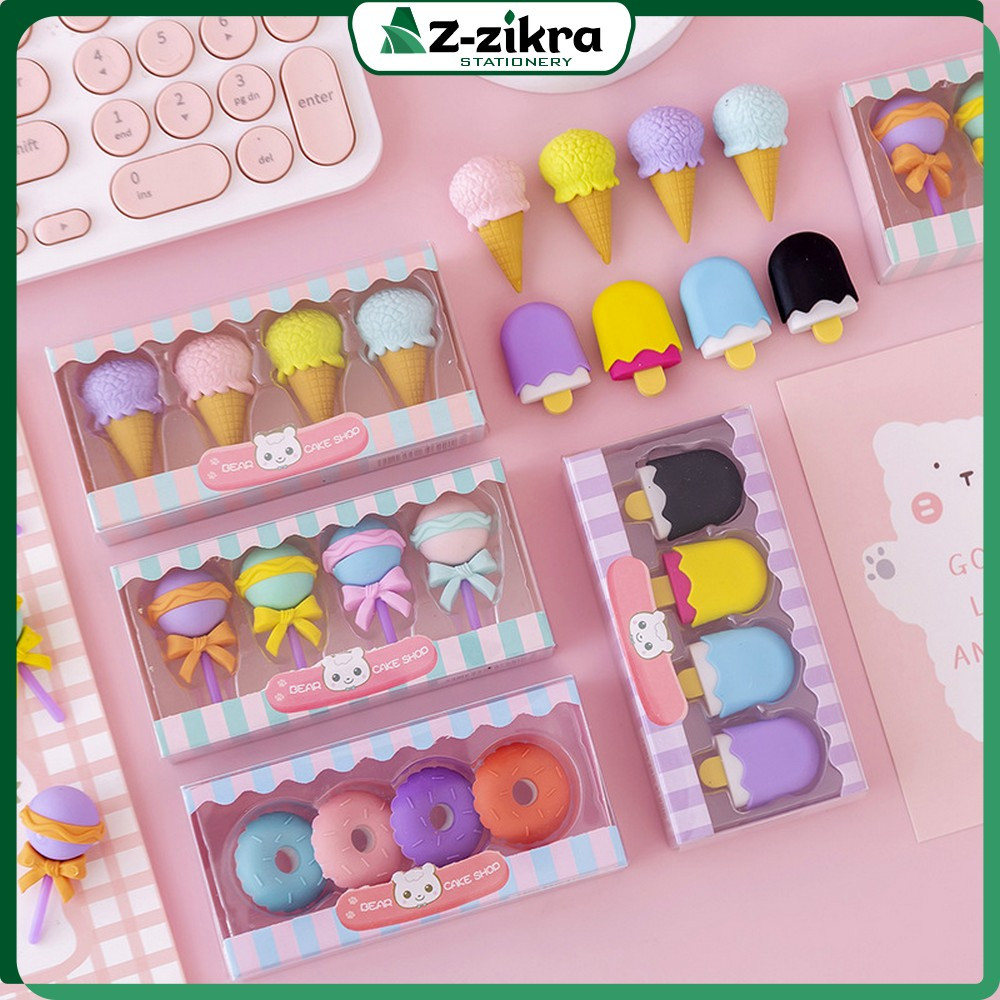 

Alat Tulis Penghapus Lucu Isi 4pcs Karakter Donat Eraser Ice Cream Penghapus Pensil Set 4IN1 Motif Lolipop Az Zikra Stationery A53