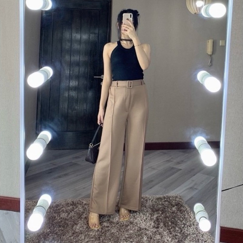 ‼️READY‼️LULLA HIGHWAIST CELANA KULOT PANJANG BAHAN SCUBA TEBAL IMPORT FREE BELT - CELANA JEANS HW K