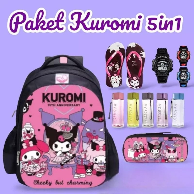 Tas Kuromi Ransel Anak Sekolah TK SD PAUD Backpack Anak Perempuan+Sendal+Jam+Botol Minum+Tempat Pens
