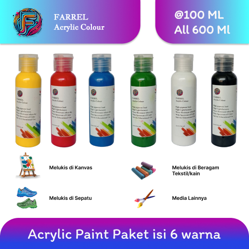 

Cat Akrilik / Lukis / Kanvas / Mural Paket 6 warna isi 100 ML per botol Farrel Acrylic Colour