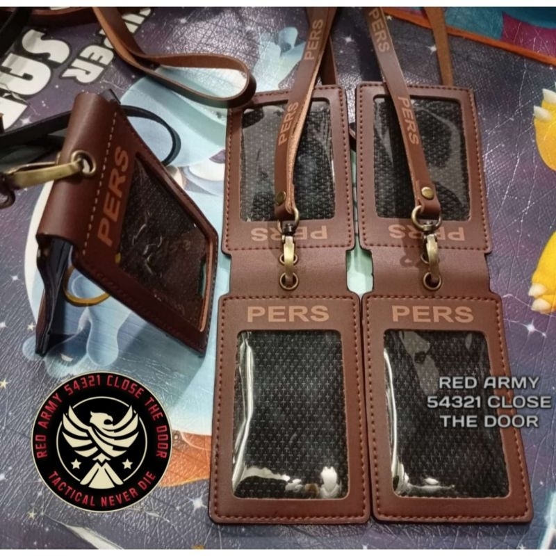 

ID Card Holder Tali Layard Name Tag Double Flip Logo PERS Coklat Tua