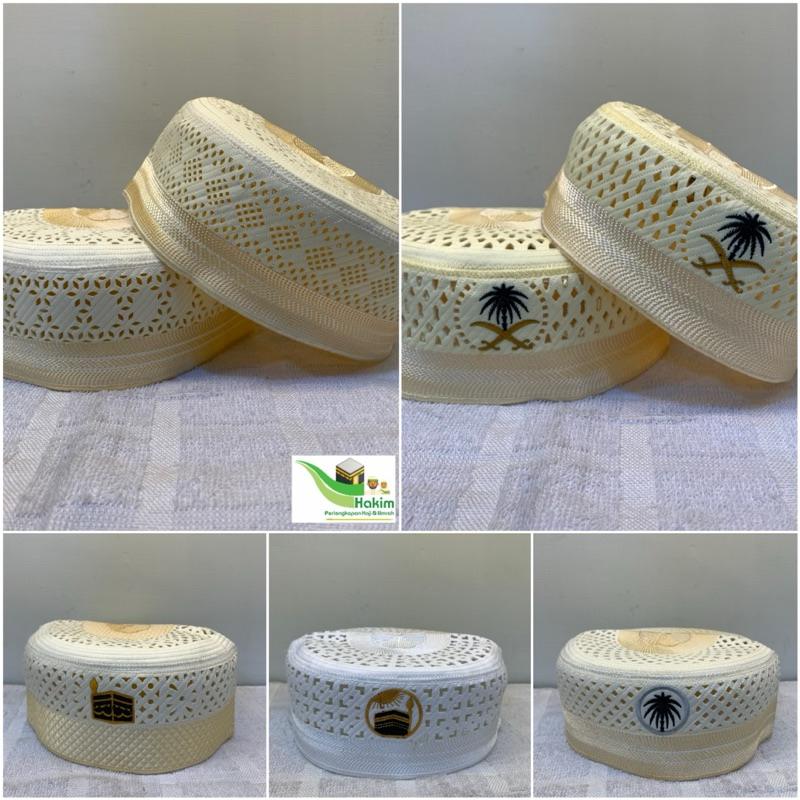 Kopiah Madinah Al-Faruque Original Made In Bangladesh Motif Pohon Korma ~ Lobe Putih Dan Gold Motif 