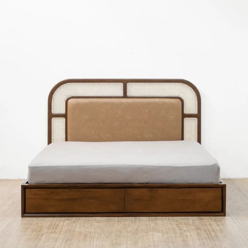 dipan minimalis kayu jati, dipan kayu jati kombinasi rotan busa jok, tempat tidur minimalis kayu jat