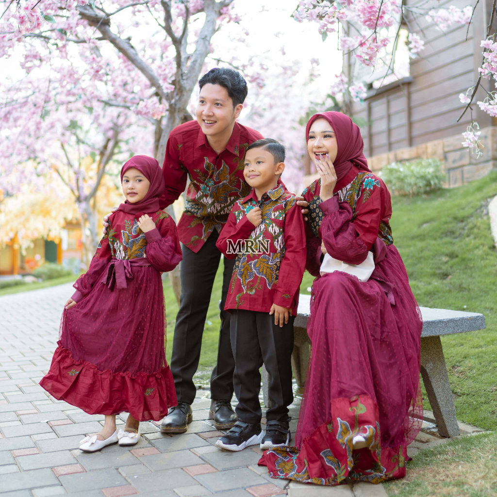 Rins Batik Couple Keluarga Gamis Ibu Anak Ayah Gamis Lebaran 2024 Kombinasi Batik Etnik Mix Tile Bus