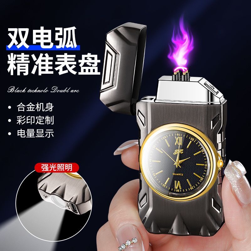 Mancis Korek Api Elektrik Plasma 801 Model Jam Plus Senter LED Double ARC Watch Lighter Gift Box