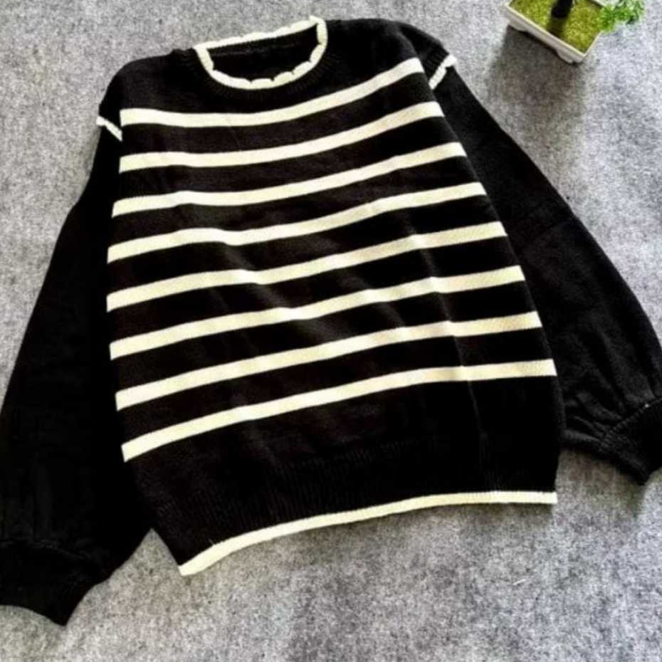 Blous Atasan Rajut Wanita  Atasan Rajut Model Lengan Balon Motif Garis-Garis