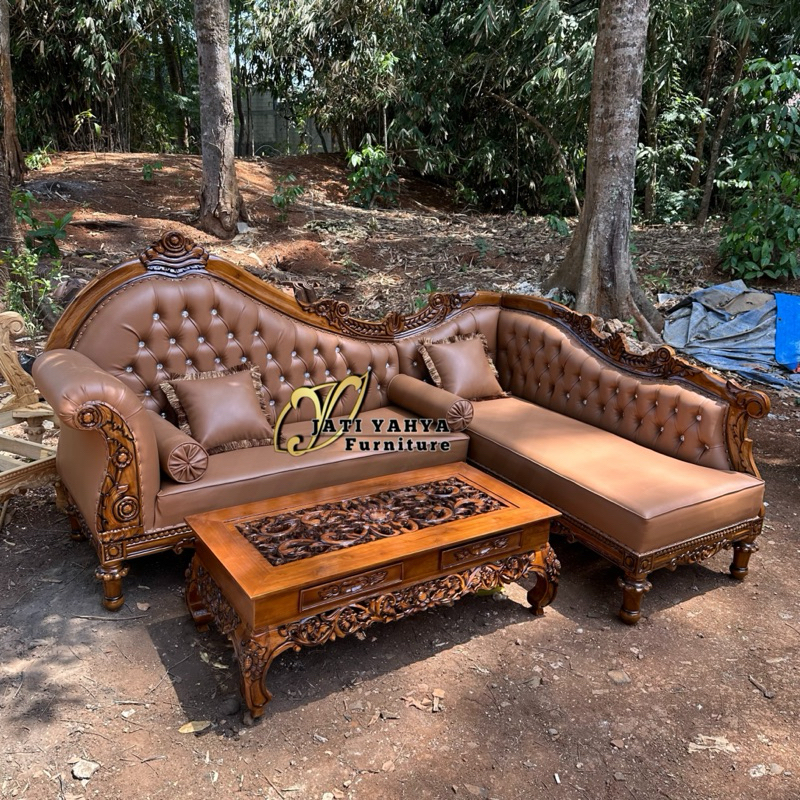 Sofa sudut sofa L Jati Lois P 235 x 170 meja ketapang 120x60 (laci) include kaca