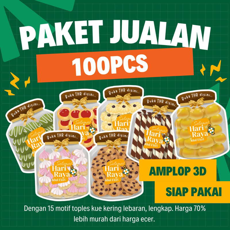 

(100pcs) Paket Reseller Amplop Lebaran Toples Kue Kering 3D Terbaru 2025