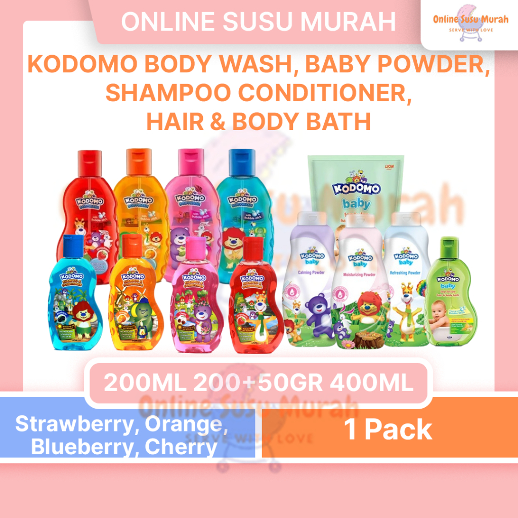KODOMO BODY WASH GEL 200ML / BABY POWDER 200+50 GR / SHAMPOO & CONDITIONER 200ML / TOP TO TOE HAIR &