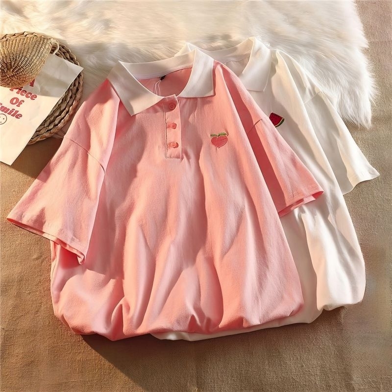 Jaketin Aja - KAOS POLO Big Size ( M - 6XL ) Kaus Jumbo CUTE PEACH WATER MELON logo Simple Polo Shir