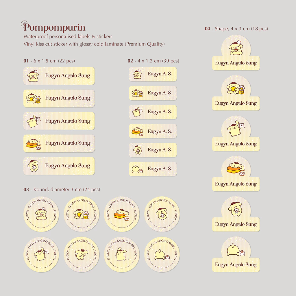 

POMPOMPURIN / STICKER NAMA SINGLE PACK (4 Bentuk , 4 Ukuran) / Sticker Vinyl Waterproof (Tahan Air & Anti Sobek) / Label Sekolah / Label Nama Anak