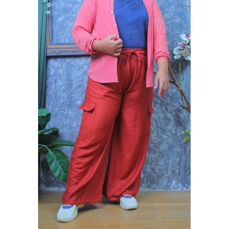 kulot cargo polo linen | celana cargo wanita | kulot wanita jumbo | celana kulot higwaist