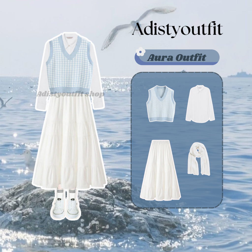 one set outfit korea/ korean style/ outfit ulzzang/ (set 57 vest soft blue + rok)
