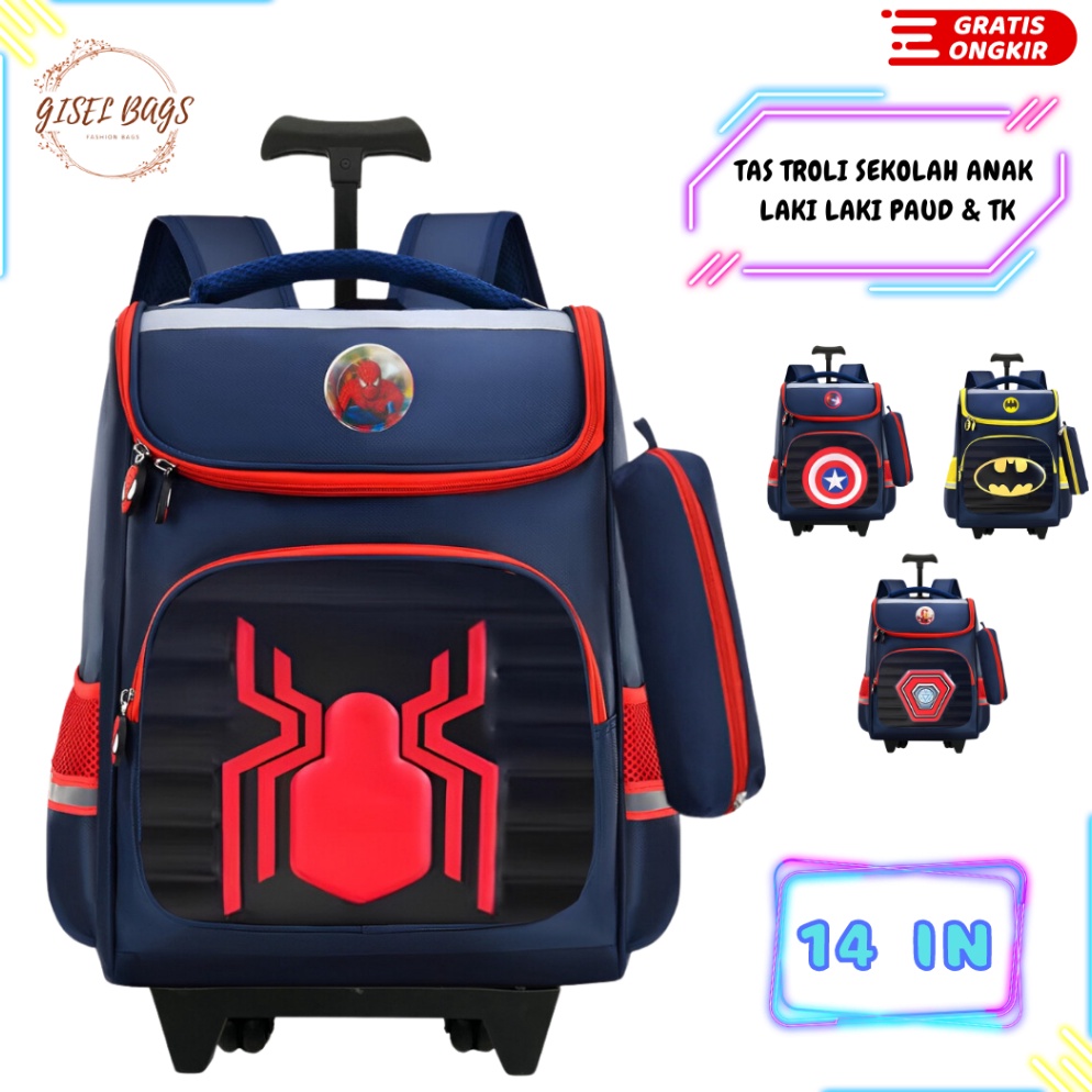 Terbagus tas troli anak laki laki sekolah tk motif timbul bacpack superhero