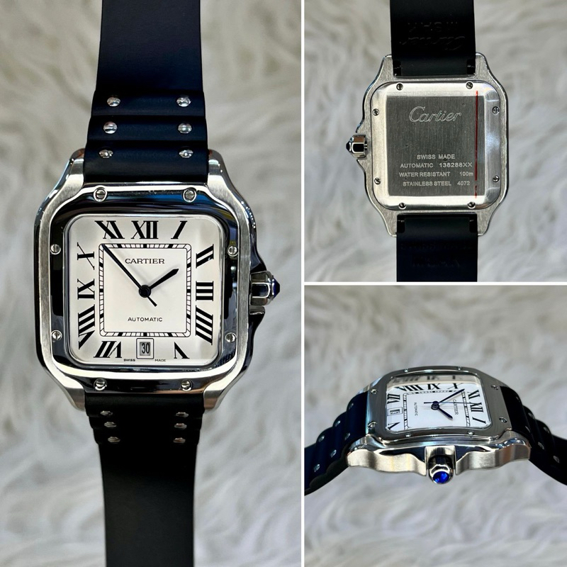 JAM TANGAN PRIA/COWOK CARTIER SANTOS RUBBER BLACK SILVER AUTOMATIC JAPAN AAA 40mm #Jamtanganpria #Ja