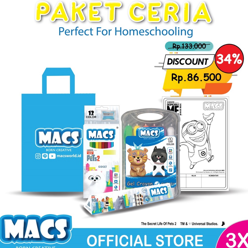 

KODE E3W4 Macs Paket Ceria Paket Mewarnai Anak Pensil Warna Gel Crayon Pensil 2B Set