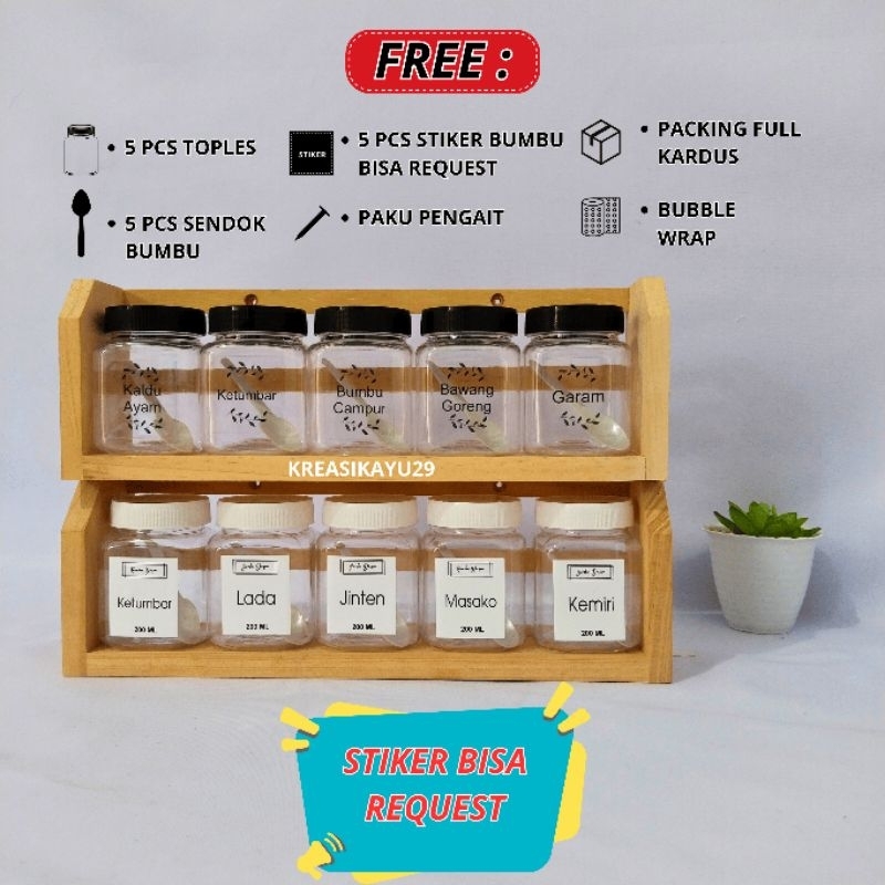 Rak Gantung Tempat Bumbu Dapur Kayu Komplit Dengan 5 Toples, 5 Sendok dan 5 Stiker