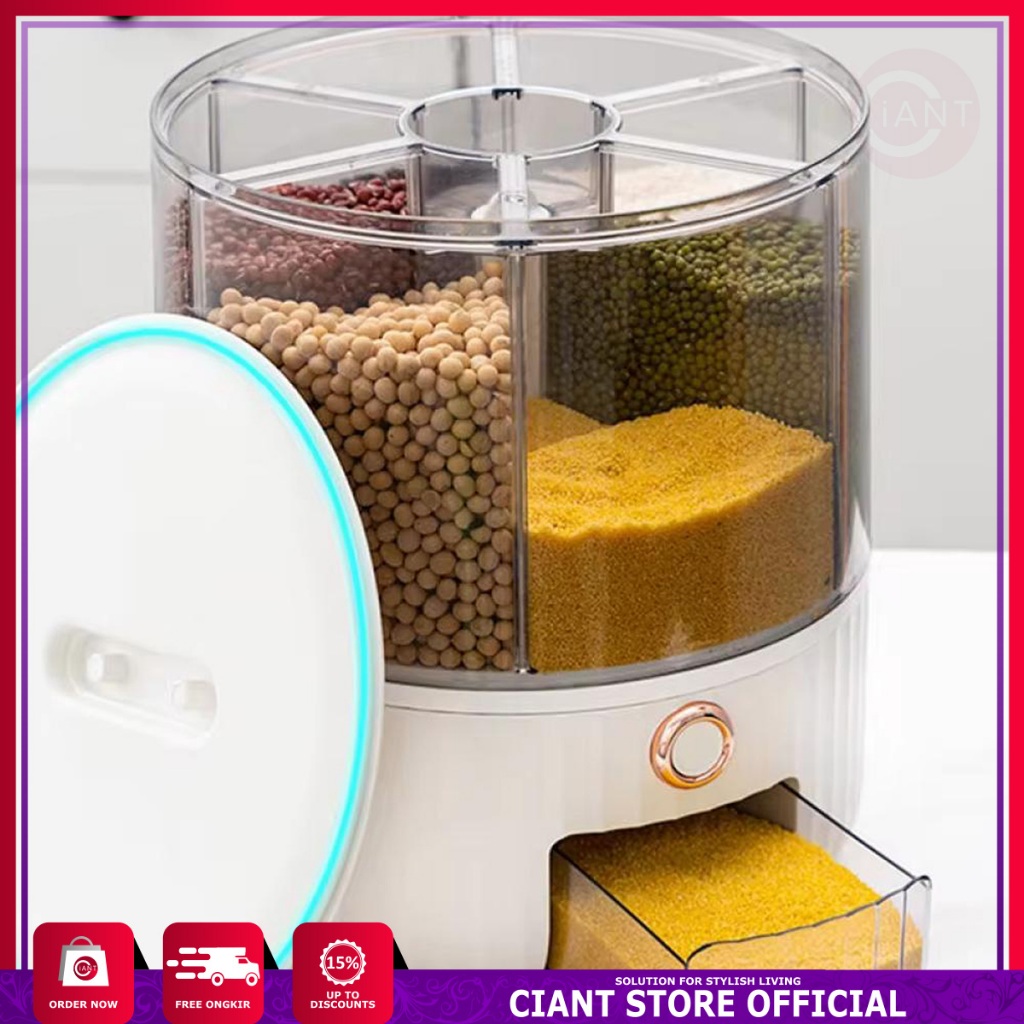 DISPENSER PUTAR TAHAN MOISTURE BERAS 6 SEKAT RICE BOX WADAH TRANSPARAN