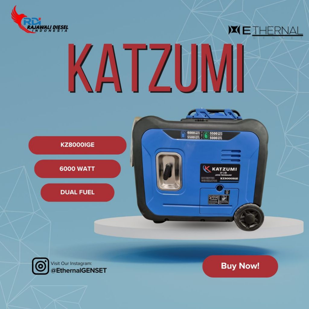 GENSET INVERTER KATZUMI DUAL FUEL | KZ8000IGE ULTRA SILENT 6000 WATT BENSIN & 5500 WATT LPG