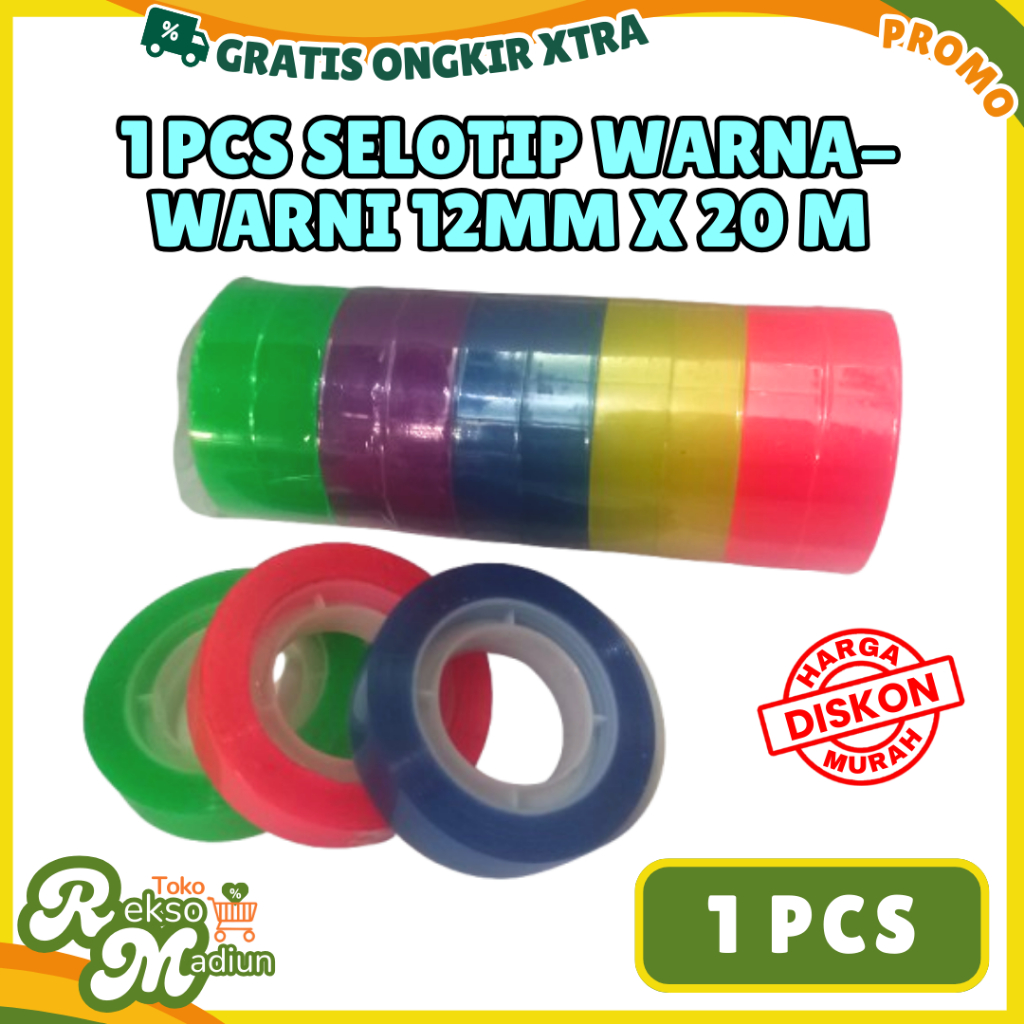 

SELOTIP WARNA WARNI RAINBOW 12 mm x 9 m / 12 mm x 20 m - Solasi Isolasi Bening Transparan 1 Pcs 12