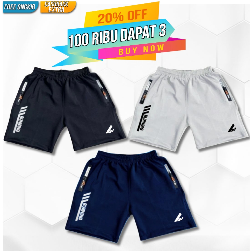 100 Ribu Dapat 3 Celana Pendek Olahraga - Celana Running Pria Sport - Saku Zipper Gym Fitnes Bahan T