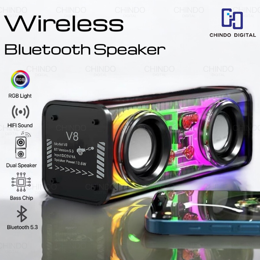 [COD] Speaker V8 Bluetooth Double Speaker Transparant Subwoofer Music Speaker RGB LED Light Mecha Sp