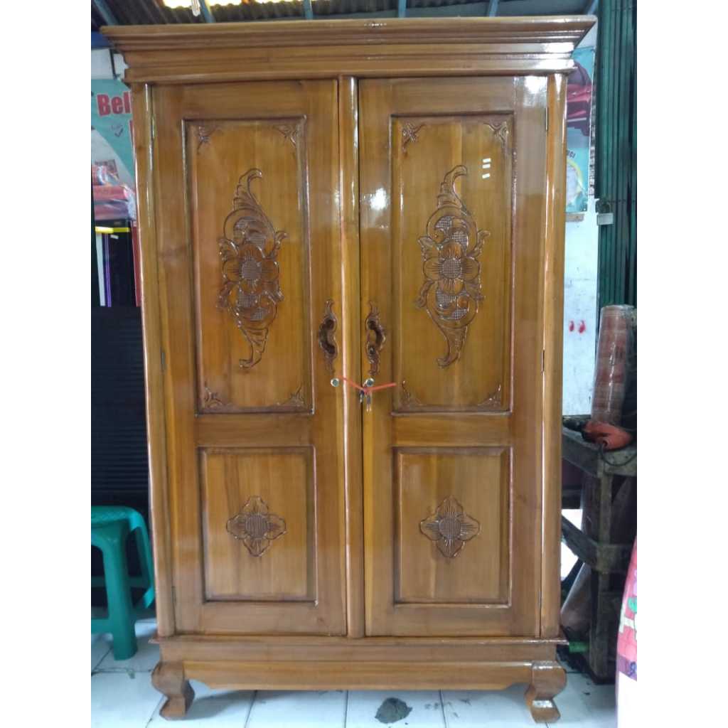 Lemari pakaian kayu jati 2 pintu kekinian elegant minimalis / lemari baju gamis
