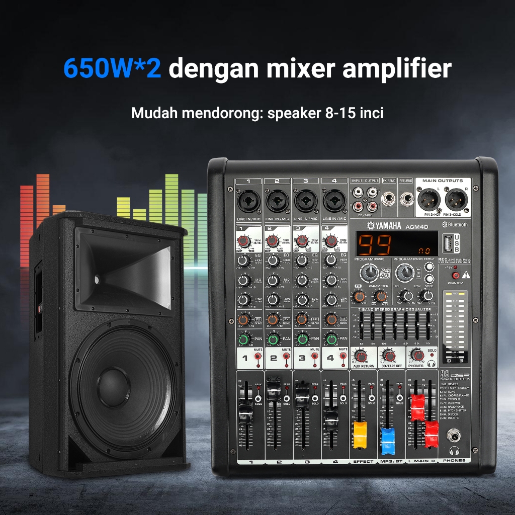 yamaha/AGM8D power mixer 8Ohm 650 wattx2,mixer power amplifier 7jalur equalizer,Bluetooth,99DSP,48V