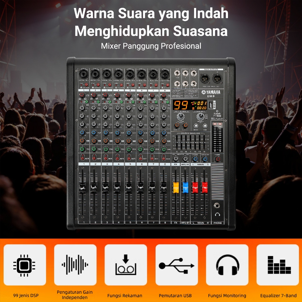 power mixer yamaha/DM12 8Ohm 850 wattx2,mixer power amplifier 7jalur equalizer,Bluetooth,99DSP,48V