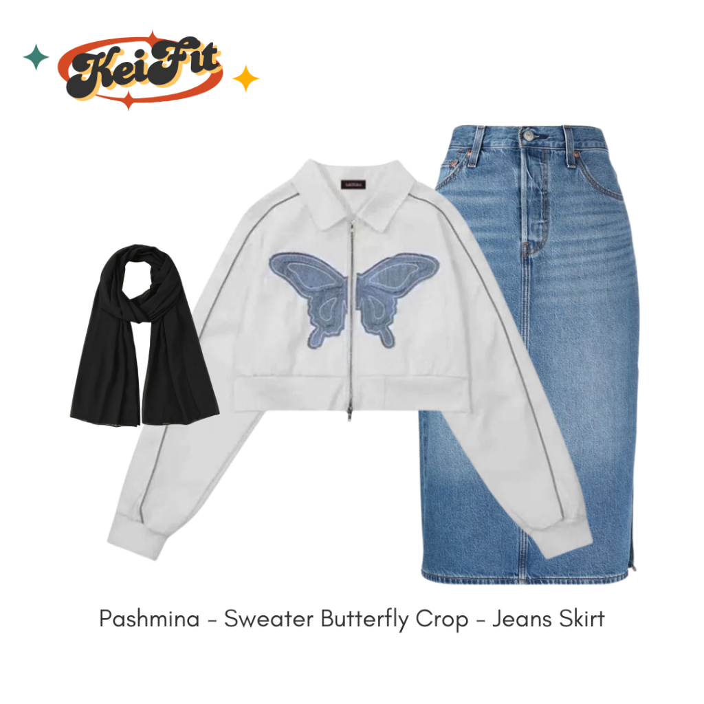 Kimby One Set OOTD Setelan Wanita ( Jacket + Rok Jeans + Hijab ) Outfit Set Remaja Kekinian Keren