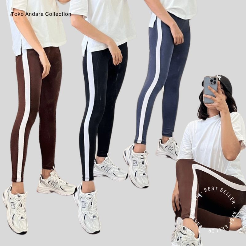 Legging panjang List Putih bahan Spandek Adem - Promo murah celana Legging panjang Wanita - Legging 