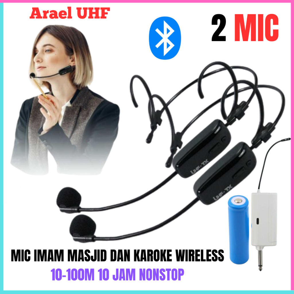 Bisa COD Mic Imam Masjid buat Sholat dan karoke 2 MIC Arael UHF Wireless Microphone Headset 2 PCS Ba