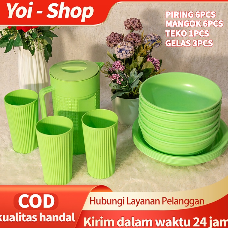 Produk Ekslusif Yoi  16 Pcs Mangkok Set  Piring Aesthetic  Piring 6 Mangkuk 6 Teko 1 Gelas 3