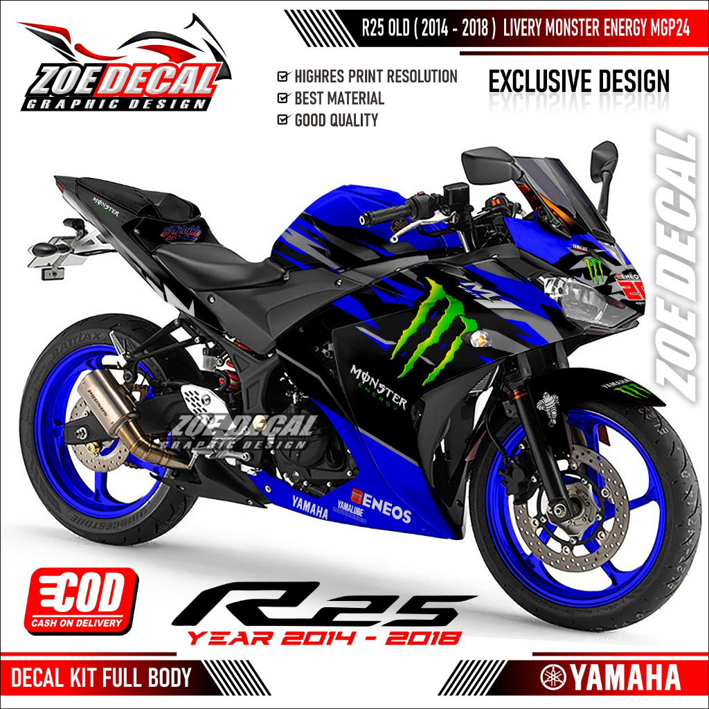 Terbaru Decal Stiker Yamaha Full Body R25 OLD V1 MOTIF MONSTER ENNERGY