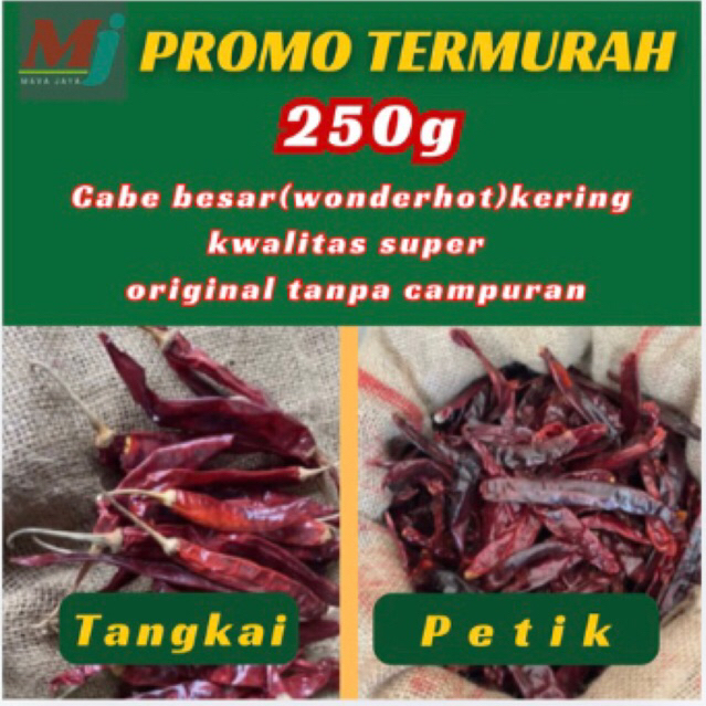 

cabe besar(wonderhot)kering/250g/TANGKAI DAN PETIK cabai wonderhot kwalitas super