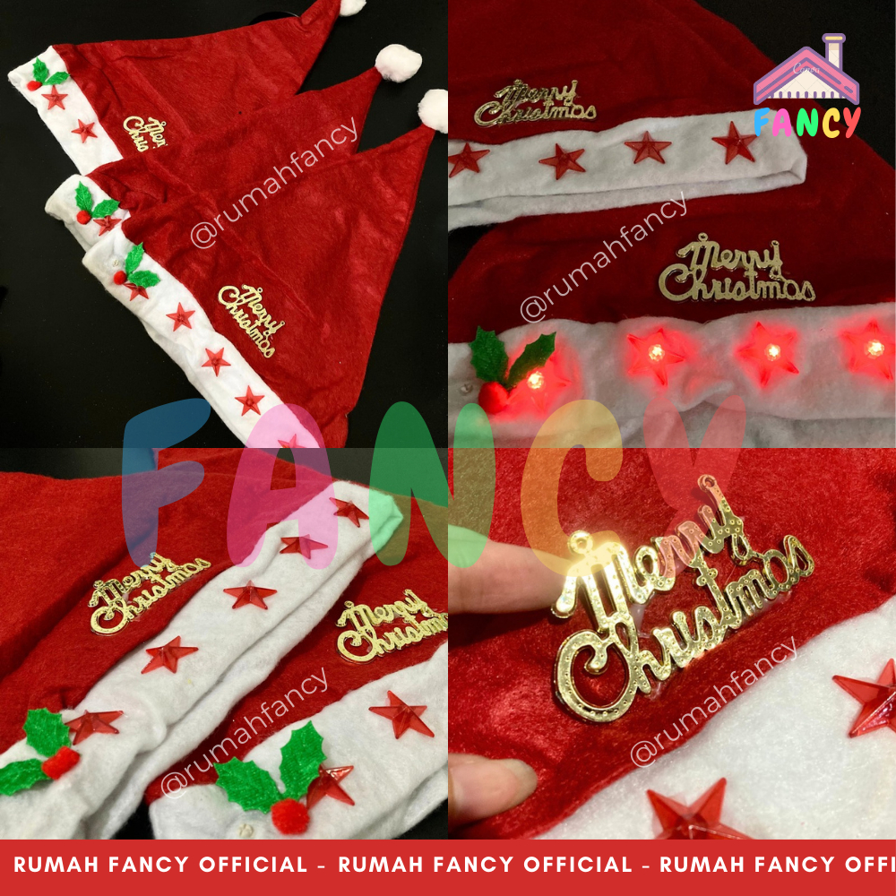 Topi Natal Flanel LAMPU BINTANG LED Santa ALL SIZE Dewasa Pria / Wanita + Pin Tulisan Merry Christma