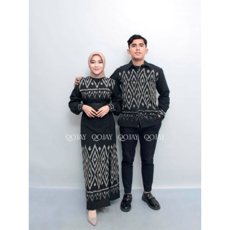 QOJAY - BAJU TENUN COUPLE DRESS KARTINI HITAM WAJIK - COUPLE TENUN LAMARAN - BAJU COUPLE LEBARAN