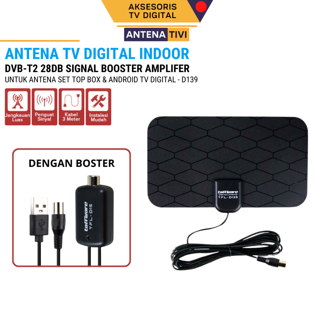 Antena Android TV Digital Indoor TFL D139 dengan Boster Penguat Sinyal Amplifer Super Jernih