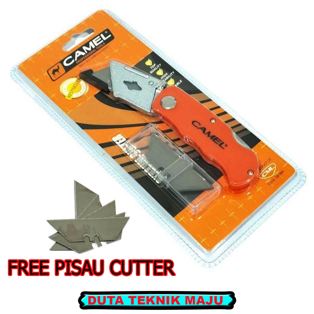 

Cutter Gipsum Triplek Akrilik CAMEL Knife pisau HPL gagang orange Bisa Dilipat Gratis Isi Cutter