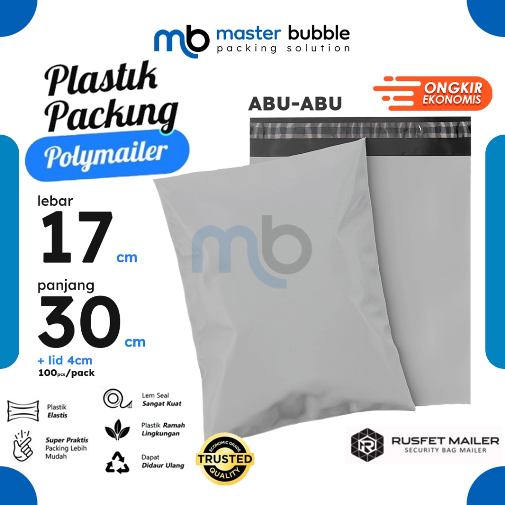 

Polymailer Amplop Abu-abu 17cm X 30cm Polos Solid Color Plastik Packing Online shop Harga Per-Pack