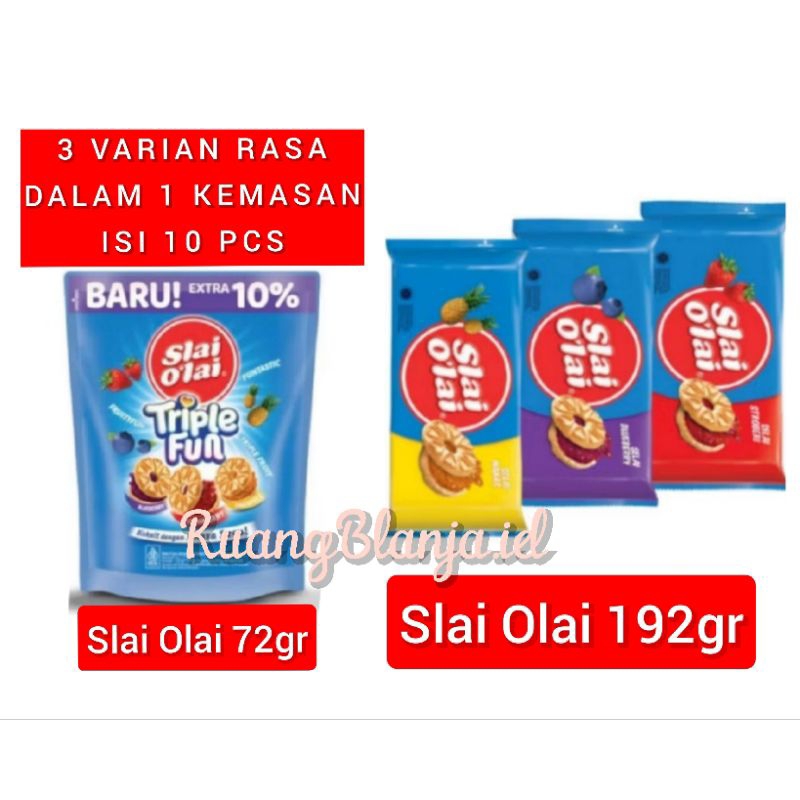 

Slai olai triple fun pouch 72gr biskuit 3 rasa strawberry pineapple blueberry funtastic fruityfun stoberi nanas bluberi