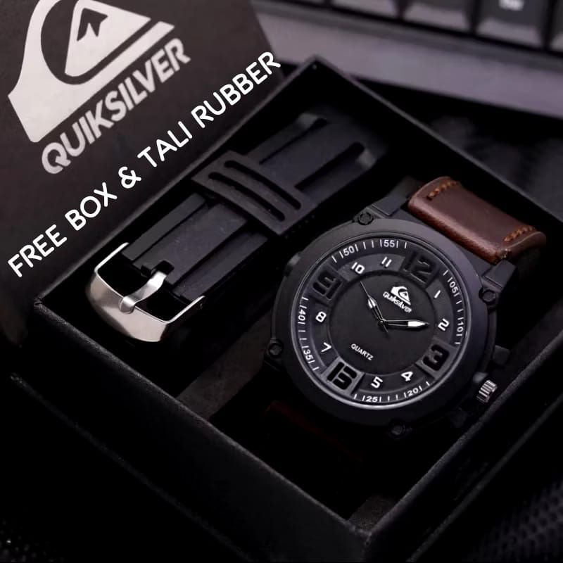 (BISA COD) Best Seller Jam Tangan Pria QUIKSILVER PAKET Strap Kulit Free 1 Tali Karet || JAM TANGAN 